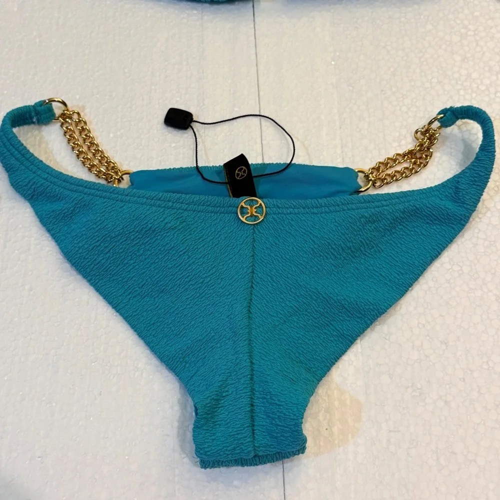 Vix Paula Hermanny Bikini Set S/XS Turquoise Gold Chain Textured Smocked Brazil